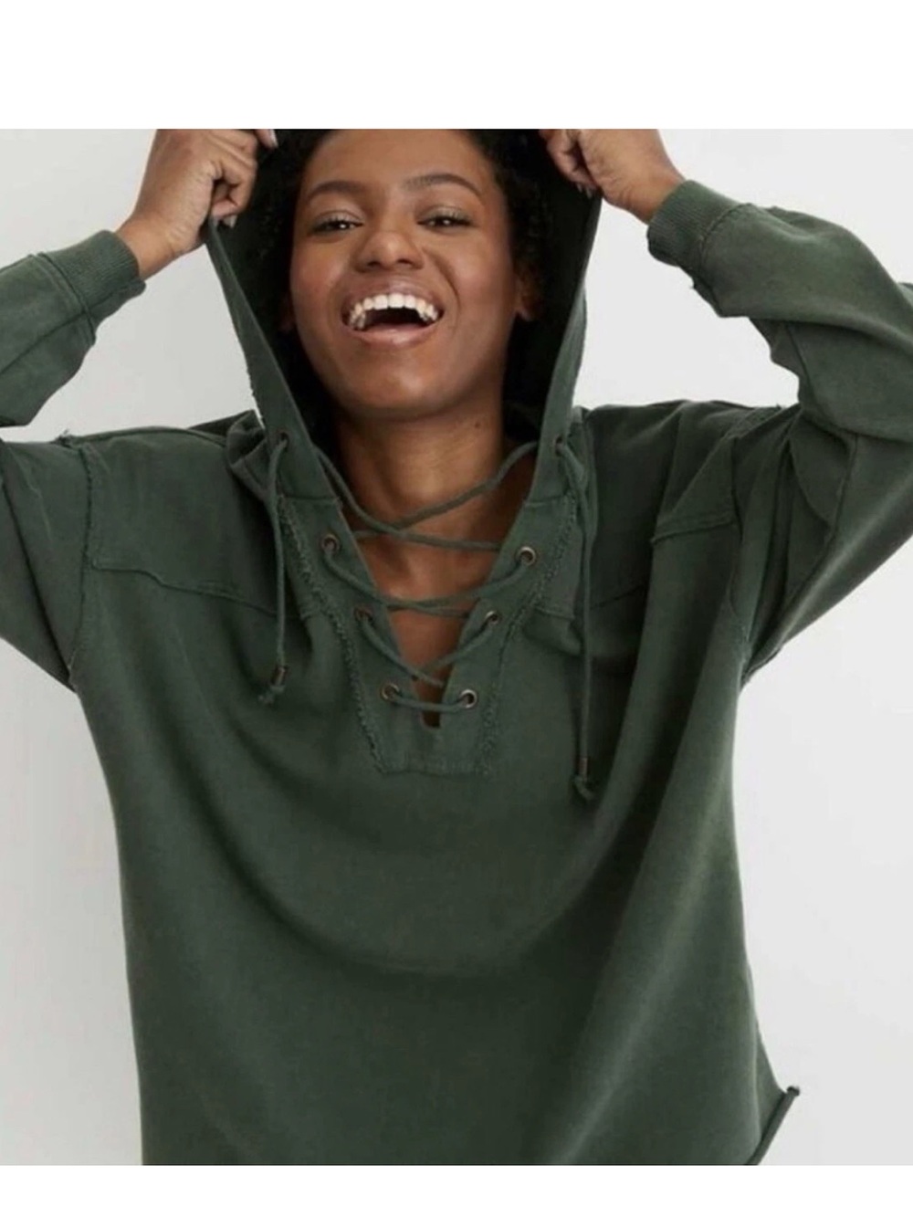 aerie Olive Lace-Up Hooded Sweatshirt